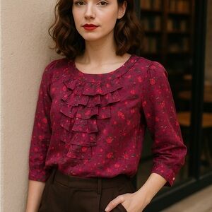 Tulle Burgundy Floral Ruffle Blouse 100% Cotton Romantic Top Size Large L Y2K